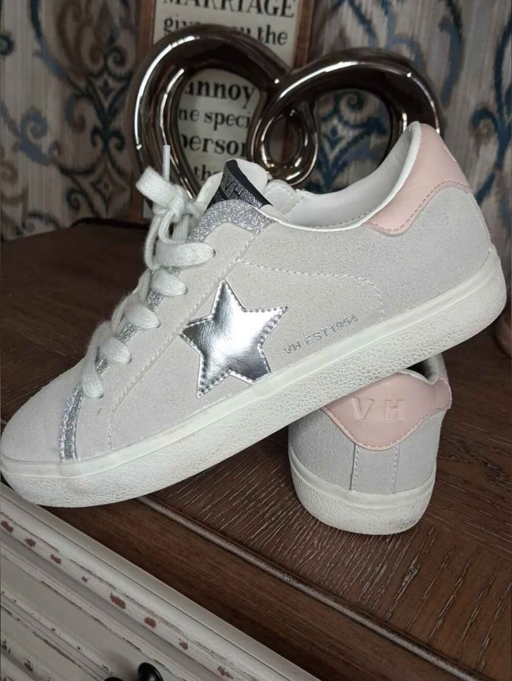 Vintage Havana White Sneakers with Silver Star and Pink Heel NEW